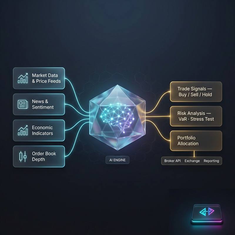 Diagrama del motor de IA de Hyvelon AI: datos de mercado, noticias, indicadores económicos y libro de órdenes alimentan un núcleo analítico que genera señales, análisis de riesgo y asignación de portafolio