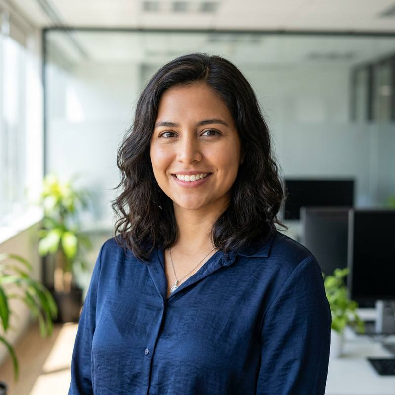 Asesora de clientes de Hyvelon AI sonriendo en una oficina moderna con luz natural