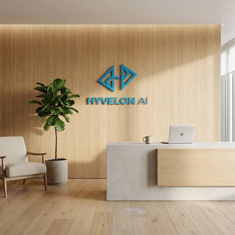 Recepción de las oficinas de Hyvelon AI: pared de madera con el logotipo en cian, una planta, un sillón y un mostrador de concreto con luz natural