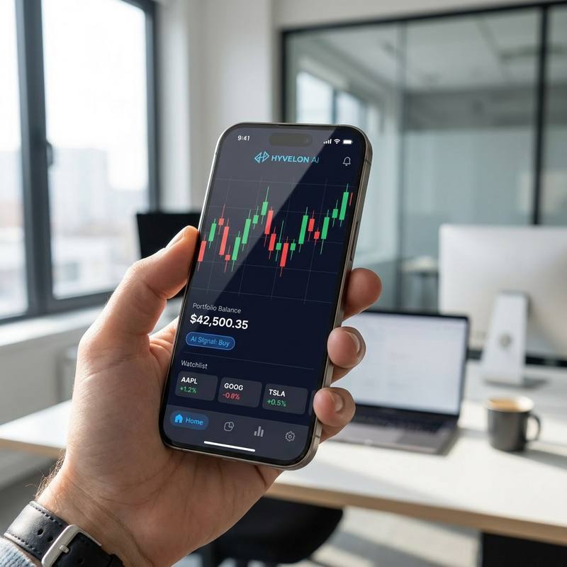 Mano sosteniendo un celular con la app de Hyvelon AI: gráfico de velas, saldo del portafolio, señal de compra de la IA y lista de seguimiento