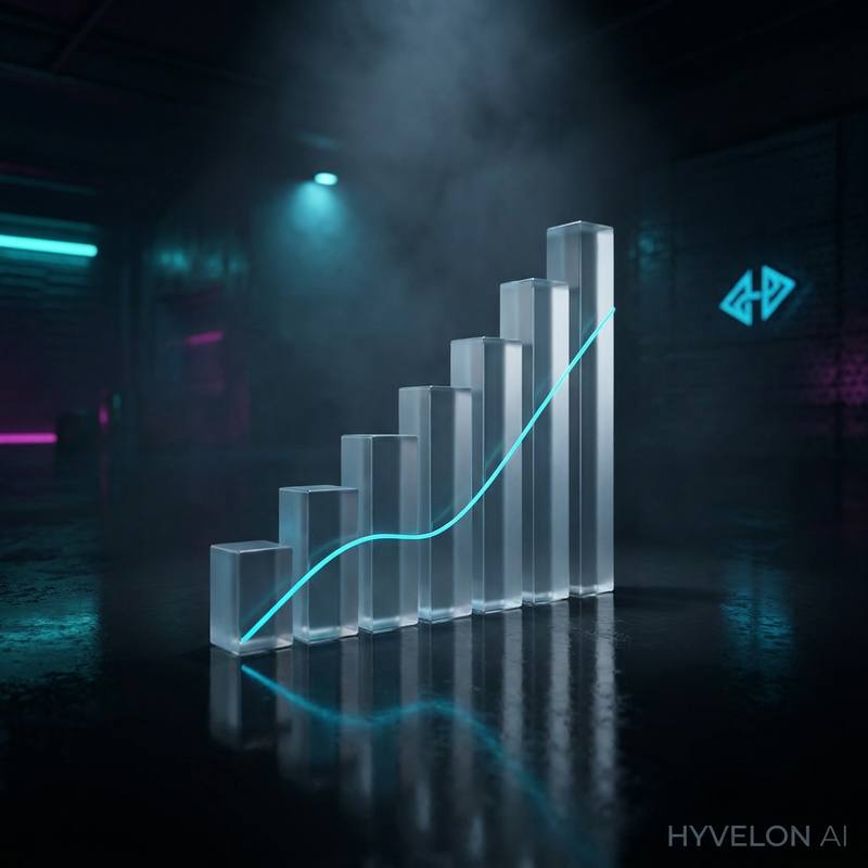 Columnas de vidrio ascendentes atravesadas por una línea de neón cian en un espacio oscuro, con el logotipo de Hyvelon AI en la pared
