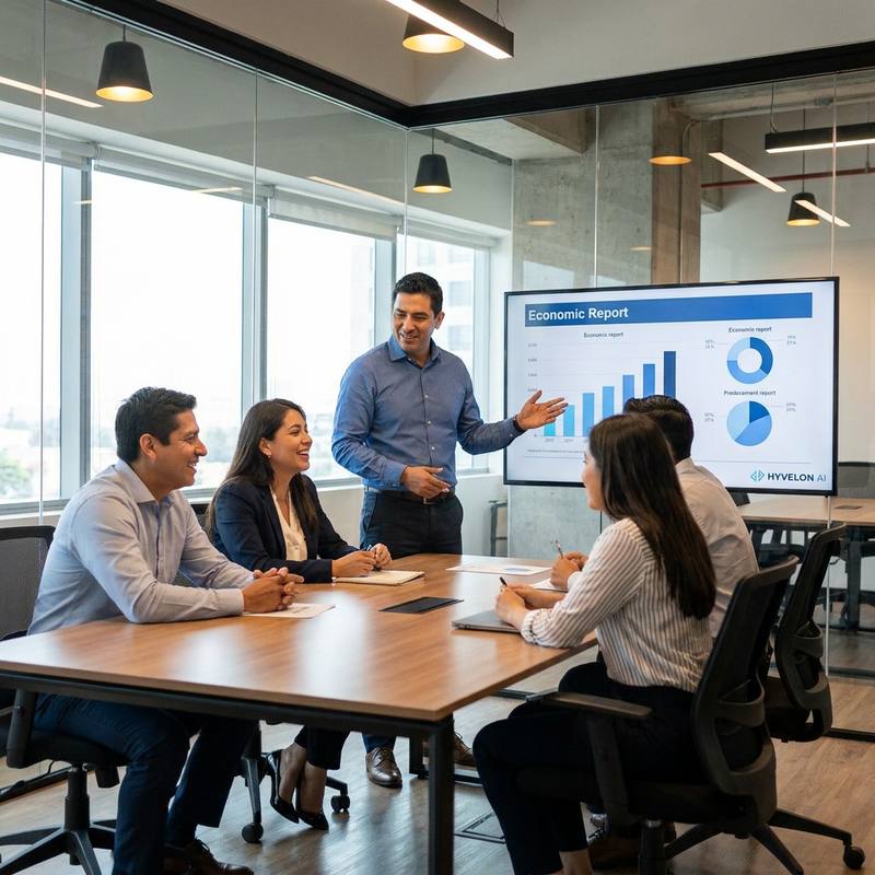 Equipo de Hyvelon AI reunido en una sala de juntas revisando un reporte económico en una pantalla con el logotipo de la empresa